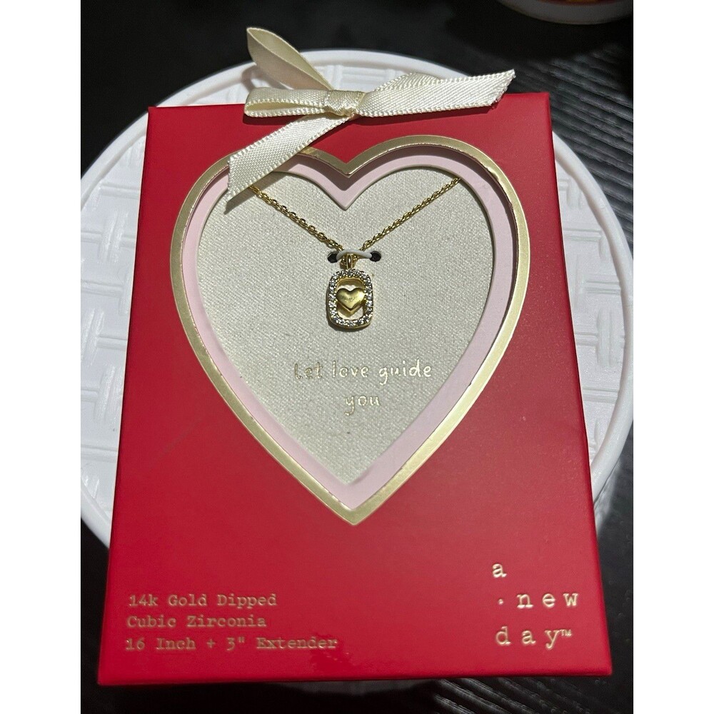 A New Day CZ Halo Heart Pendant Necklace Yellow Gold Plated 16+3in Adj
